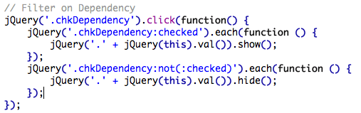 Dependency Filter jQuery Code
